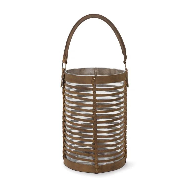 Finn Large Brown Leather and Glass Hurricane