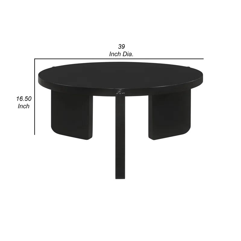 Kiya Coffee Table, 39 Inch Round Top, Black Solid Wood Frame, Panel Legs