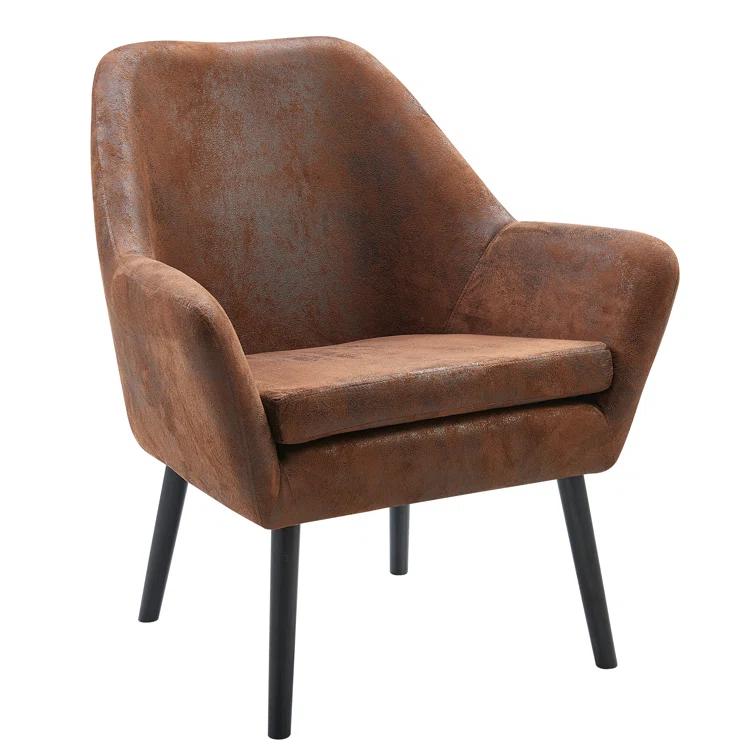 Ebern Designs Ringwold Mid-Century Modern Accent Armchair with Aged Fabric Upholstery, Solid Wood Legs
