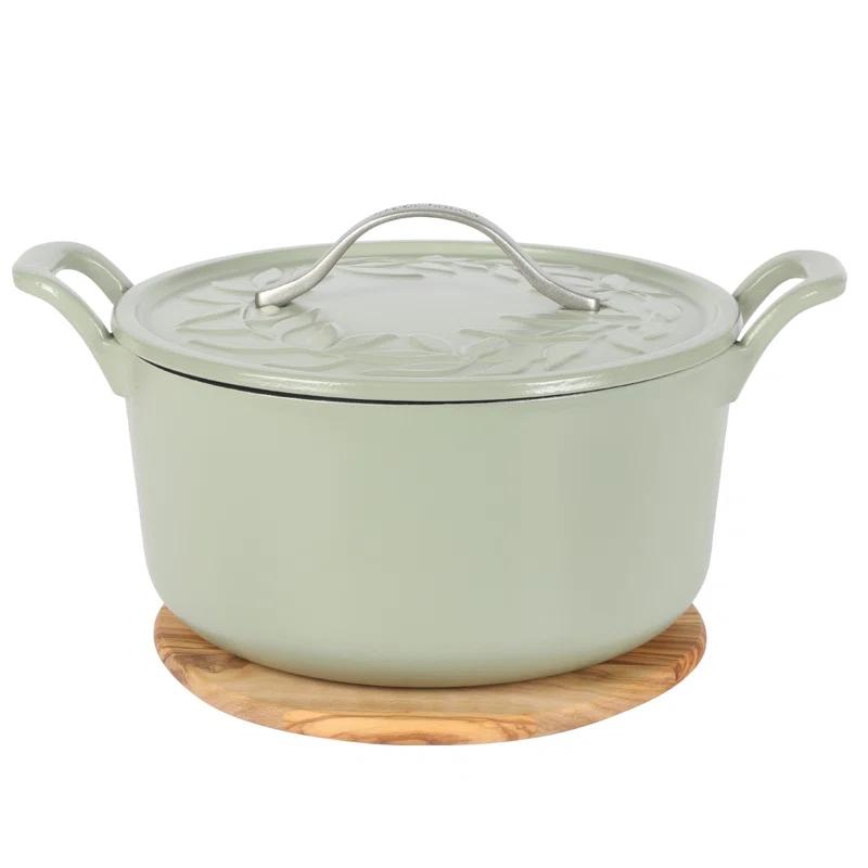 Bloomhouse 7 Qt Cast Iron Dutch Oven w/ Lid, European Enamel, & Walnut Wood Trivet - Oat White