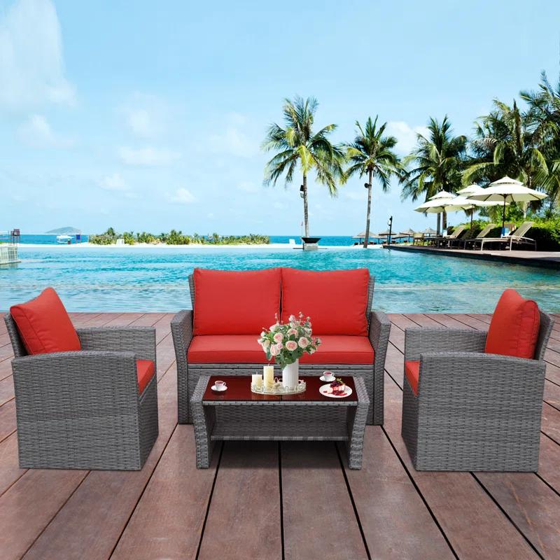 4 Piece Rattan Sofa Seating Group with Cushions