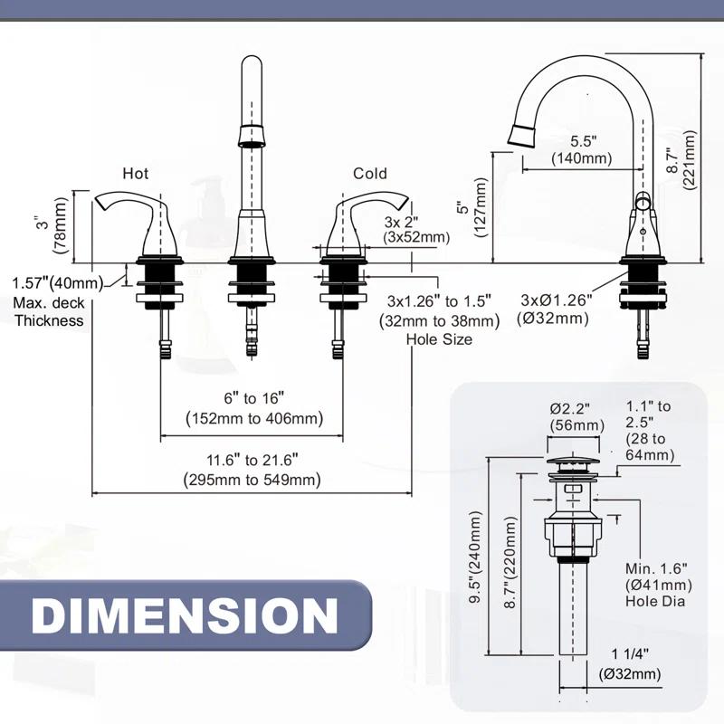 Widespread 2-handle Bathroom Faucet with Drain Assembly