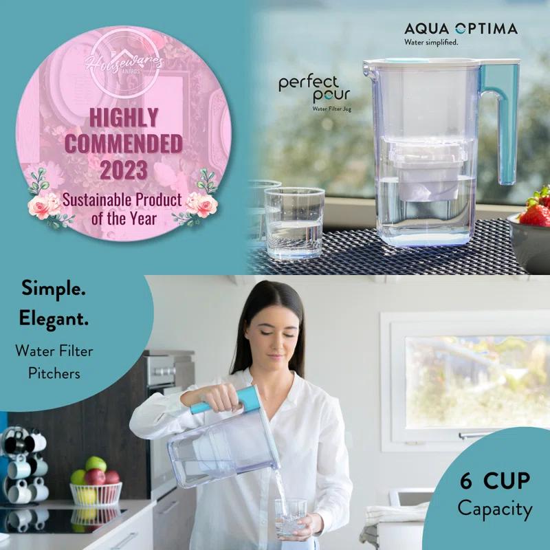Aqua Optima Perfect Pour 6 Cup Water Filter Pitcher By Aqua Optima, Ergonomic, Eliminates Splashes And Spills, Bpa Free, Wqa Certified, Includes 1 Evolve+ Water Filter, Blue