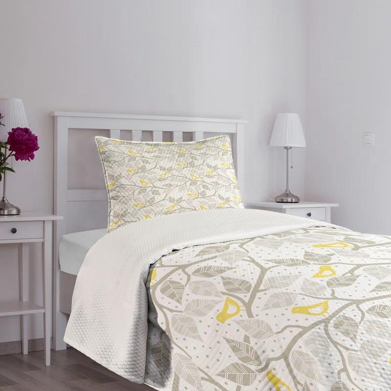 Ambesonne Ambesonne Grey and Yellow Bedspread Set Tree and Birds Grey Yellow and White