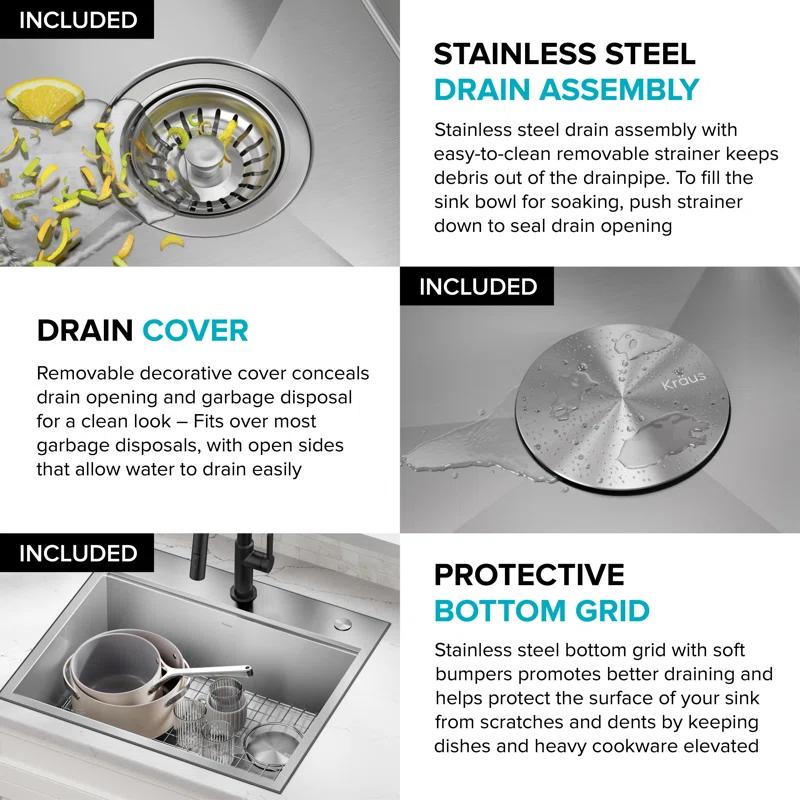 Kraus KWT311-25 KRAUS Kore™ Workstation 25-inch L Drop-In 16 Gauge Single Bowl Stainless Steel Kitchen Sink with Accessories