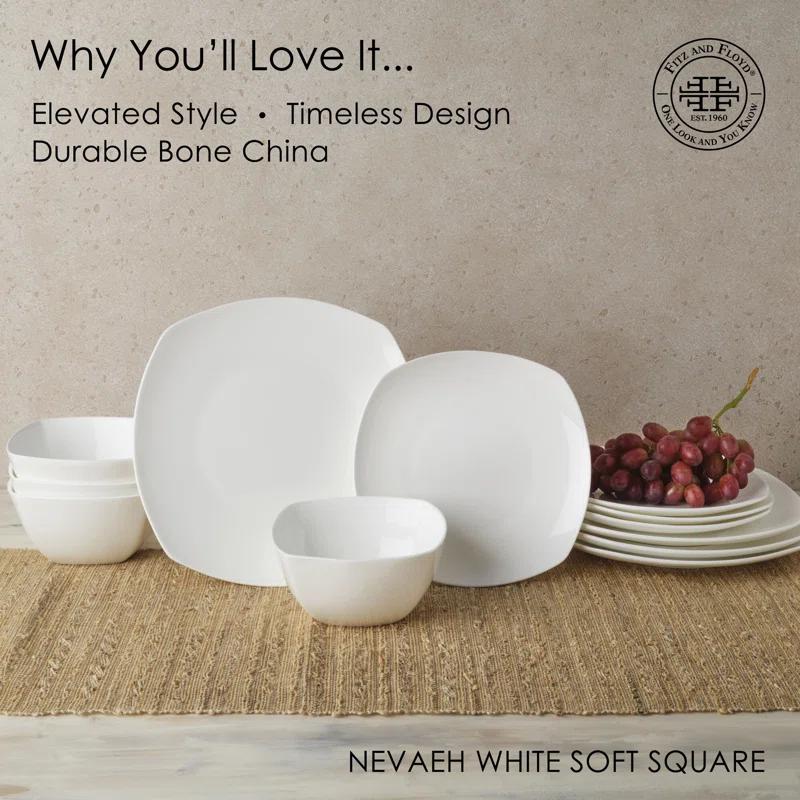 Fitz and Floyd Fitz and Floyd Nevaeh White 12-Piece Lightweight Bone China Dinnerware Set, Service for 4