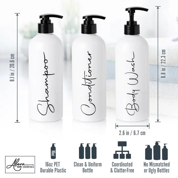 Alora Home Essentials Modern Refillable Shampoo and Conditioner Bottles | 16 Fl oz. | Set of 3