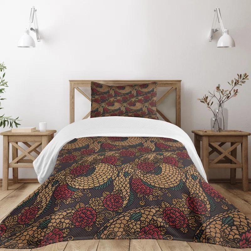 Ambesonne Ambesonne East Bedspread Set Traditional Roses Dragon Jade Green Sand Brown