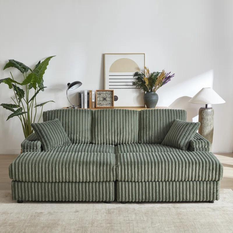 Latitude Run® 84 Corduroy 3-Seater Sofa With 3 Back Pillows ,2 Toss Pillows , A Ottoman ,2Storage Spaces And Cup-Holding Grooves Comfy Sofa- Deep Seat Couch