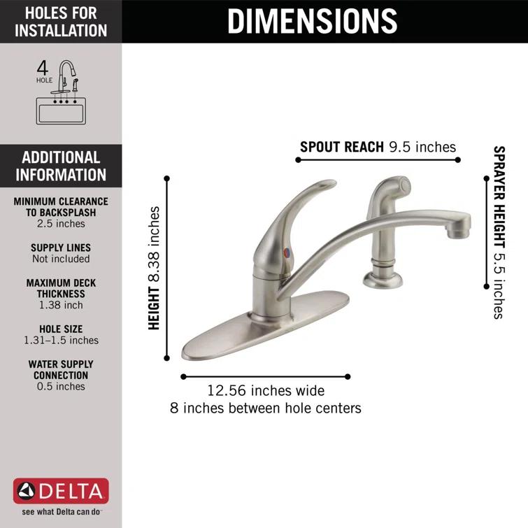 Delta Foundations Single-Handle Kitchen Sink Faucet with Side Sprayer, 4-Hole Kitchen Faucet B4410LF-SS