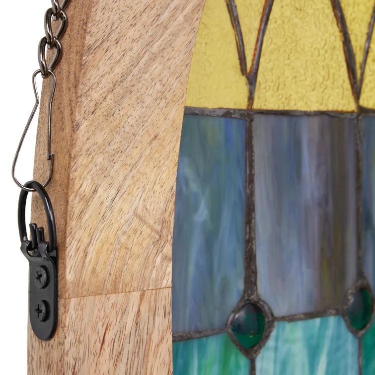 Loon Peak® 36"H Aqua Victorian Cathedral-Inspired Stained Glass Window Panel