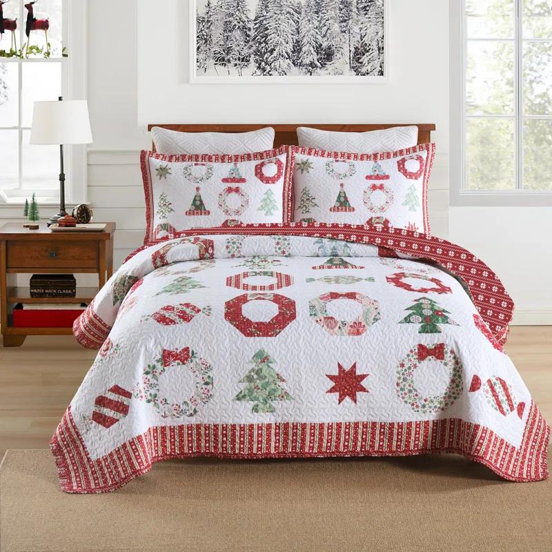 MarCielo 3 Pcs Christmas Quilt Bedspread Set Candy Red BY205