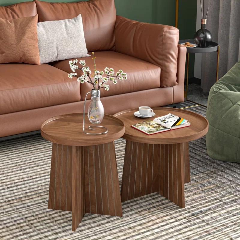 Gracie Oaks Round Fluted Nesting Coffee Table, 2 Piece Coffee Table Set For Living Room, Office, Balcony