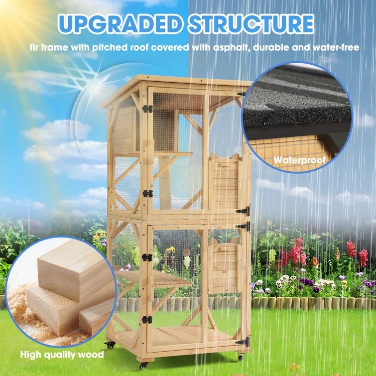Tucker Murphy Pet™ Hallvard Outdoor Cat Enclosure with Scratcher - 4-Tier Large Indoor Wooden Window Catio Cat House W/Asphalt Waterproof Roof