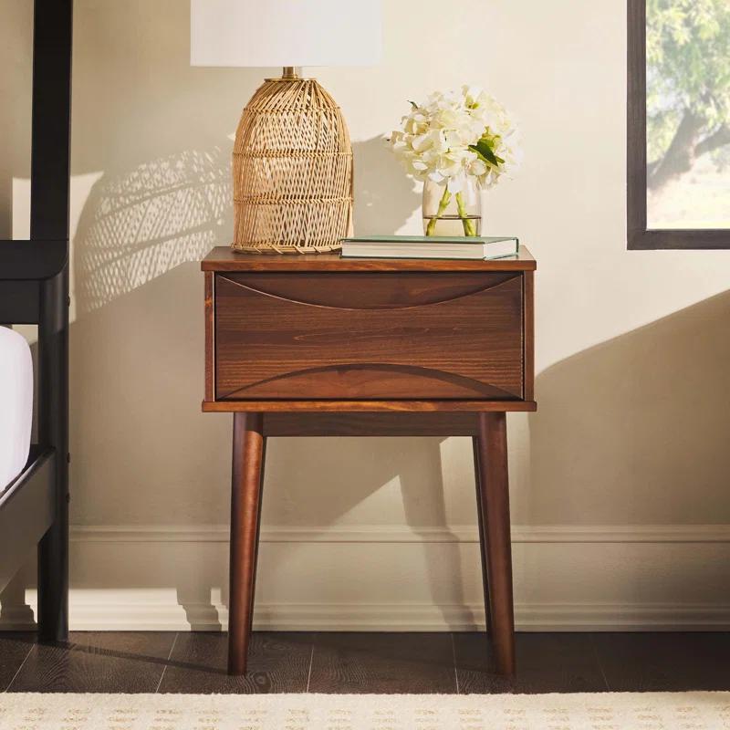 George Oliver Mid-Century Modern 1-Drawer Solid Wood Nightstand – Walnut