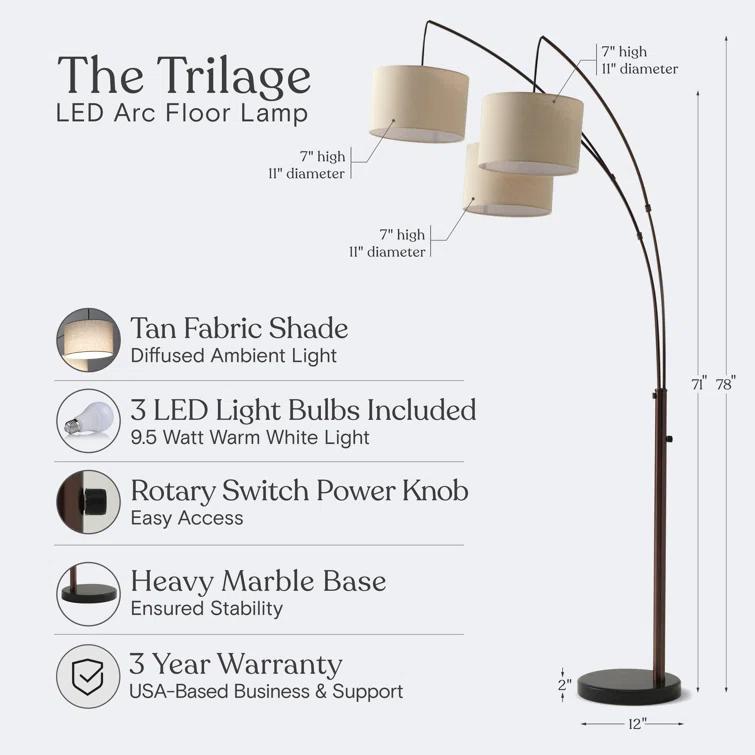Brightech Trilage 84 in. Mid-Century Modern 3-Light Adjustable LED Arched Standing Floor Lamp with 3 Fabric Drum Shades