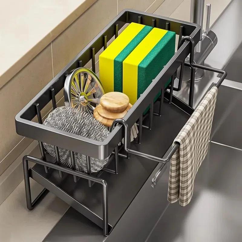 WKING Stainless Steel Kitchen Sink Caddy Organizer With Draining Tray, Rustproof Sponge Holder For Sink, Adjustable Compartments, Space-Saving Design