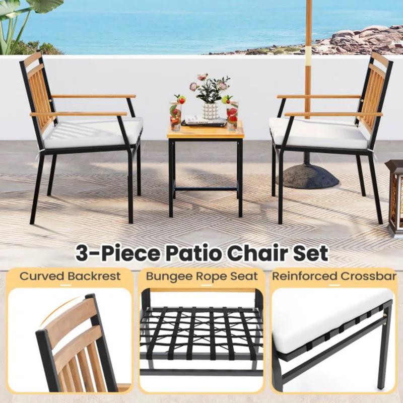 Gracie Oaks 3 Pieces Acacia Wood Bistro Set Patio Conversation Set With Cushions And Coffee Table Outdoor Bistro Table And Chairs Set