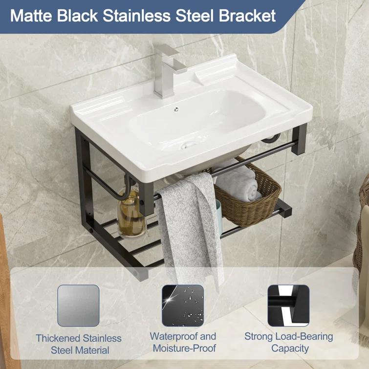 Lordear 23.75" L x 15.75" W Wall Mounted Bathroom Sink with Towel Rack White Ceramic Bathroom Wall Hung Sink LBS2315GP