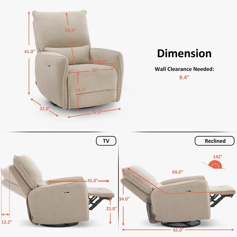 Power Swivel Glider Power Recliner Chair, Electric Rocker Recliner Chairs with USB Ports For Nursery, Fabric