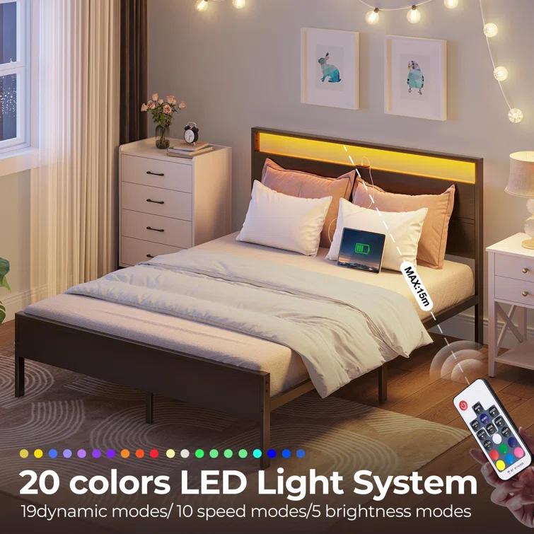 Ivy Bronx Deviana Metal Bed Frame with Headboard & Footboard and Charging Station, LED Light Included