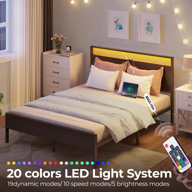 Ivy Bronx Deviana Metal Bed Frame with Headboard & Footboard and Charging Station, LED Light Included