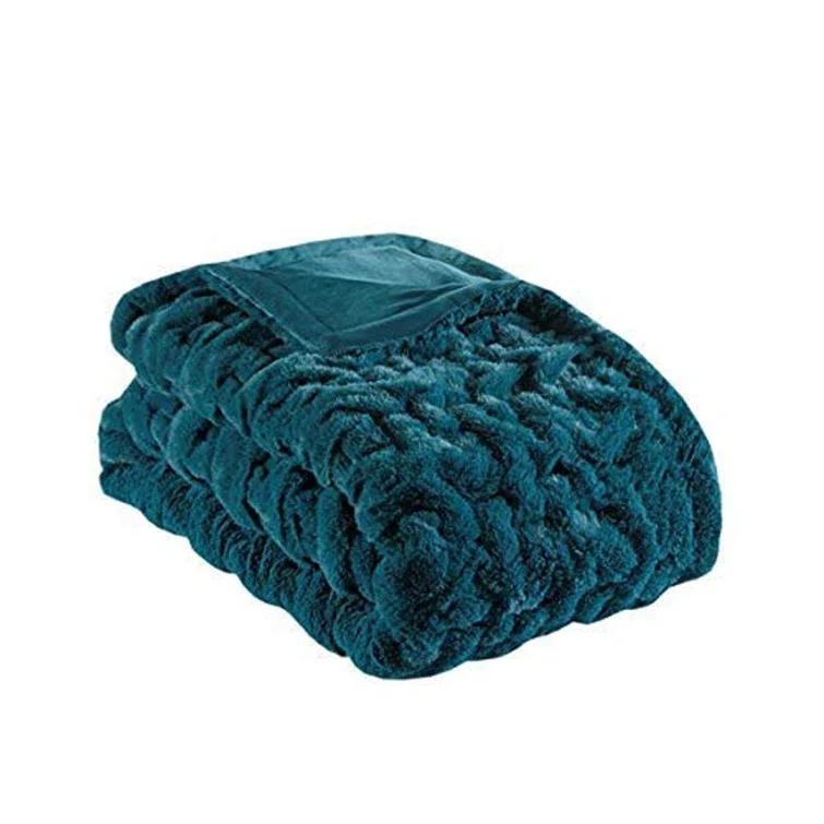 Madison Park Teal Ruched Fur Throw 50x60"