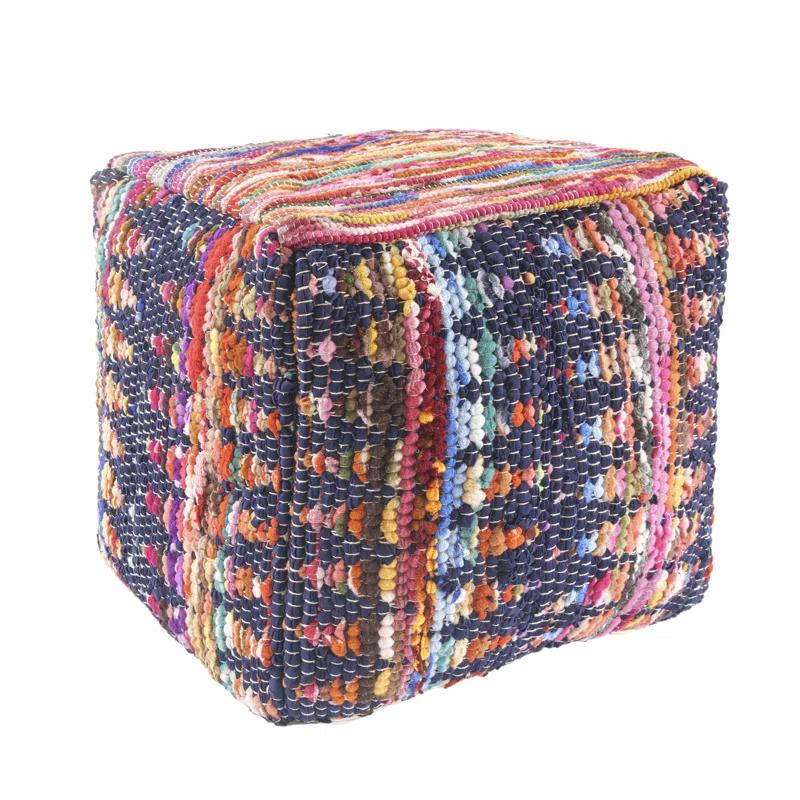 Evette Rios Dillon Denim Shabby Chic Hand-Loomed Cotton Blend Cube Ottoman Pouf