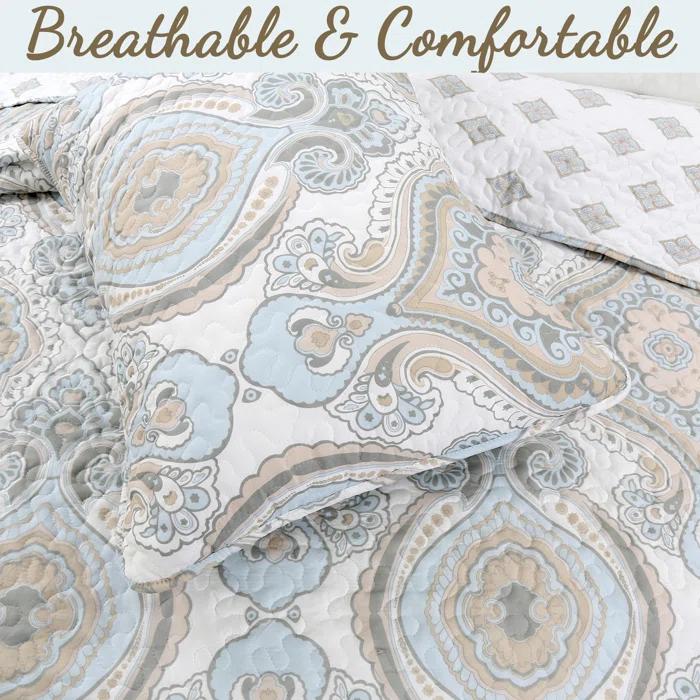 Cozy Line Home Fashion Modern Medallion Sky Blue Tan Gray Brocade Geometric Shapes Quilt Set