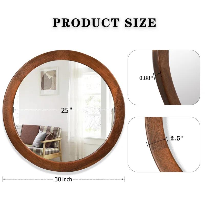 Latitude Run® Round Mirrors 30 Inch,Wood Vanity Wall Rustic Mirror With Walnut Frame, Wooden Mirror For Bathroom Bedroom Living Room Or Entryway(Walnut Brown)