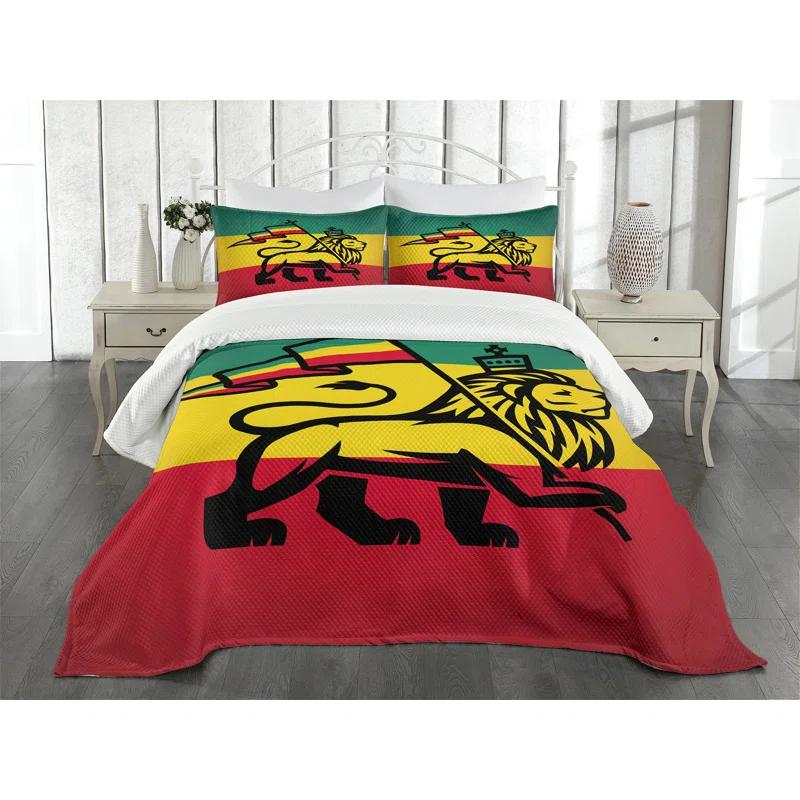 Ambesonne Ambesonne Rasta Bedspread Set Cultural Lion Rastafari Flag Yellow and Black