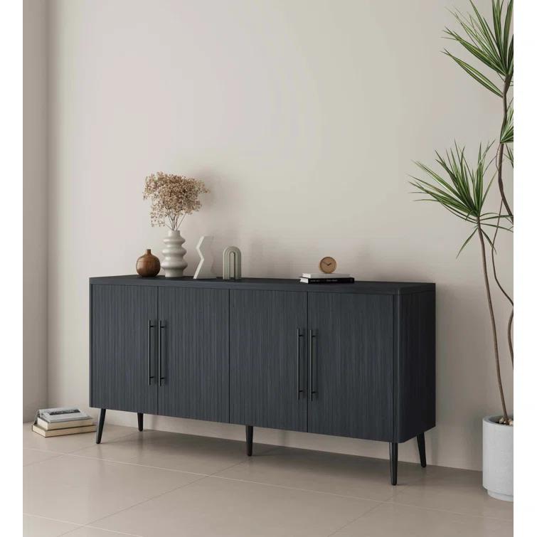Manhattan Comfort Jodie 65" Mid-Century Modern Sideboard with 8 Adjustable Shelves in Charcoal Gray