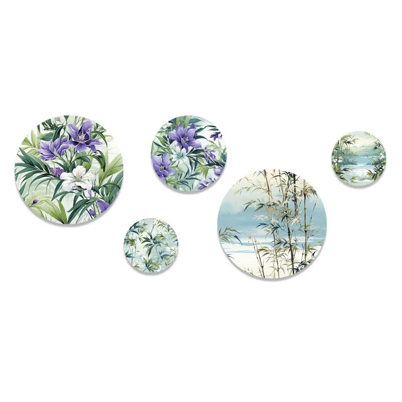 Design Art Green Purple Bamboo Serenade Tropical Pattern I - Floral Tropical Round Wall Art Set Of 5
