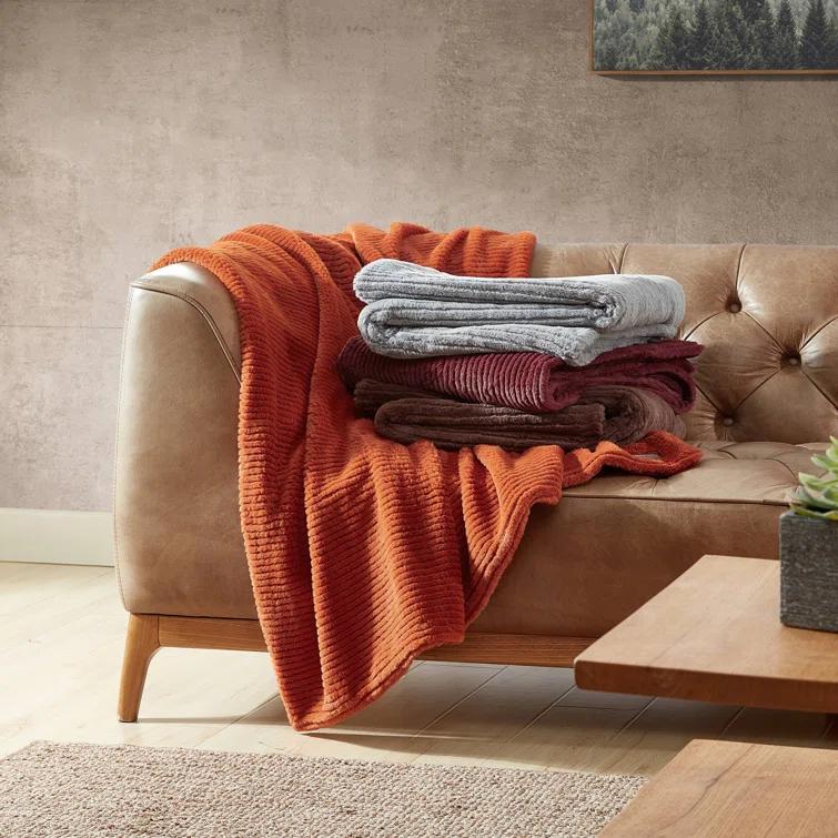 Eddie Bauer Eddie Bauer Ribbed Textured Stripe Solid Plush Throw Blanket