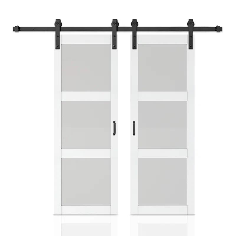 Calhome 3-Lite Tempered Frosted Glass White Finished Composite Double Sliding Barn Door with Hardware Kit Handle