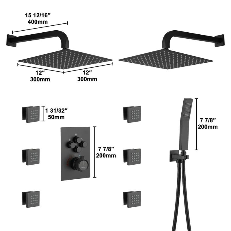 CASAINC CS6228-12MB Dual Shower Head Thermostatic Rainfall Shower System with Rough in-Valve and Shower Body Spray