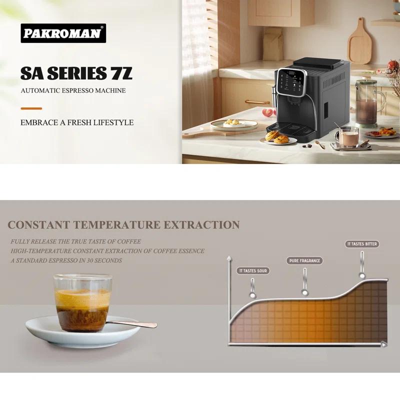 Pakroman Fully Automatic Espresso Machine Milk Frother+19 Bar Italian Ulka Touch Display+Burr Grinder