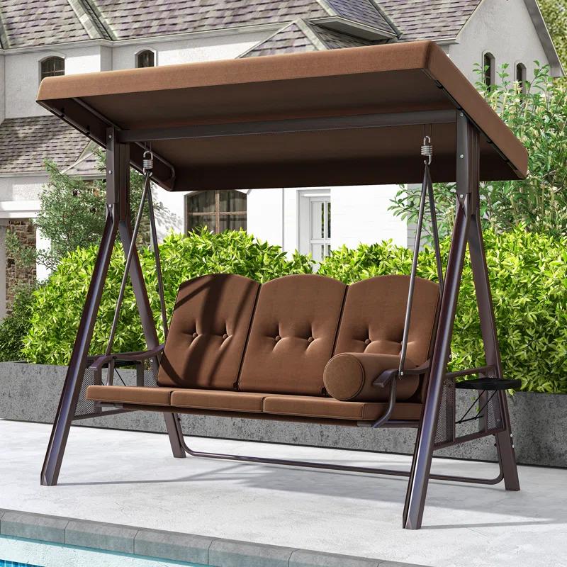 Arlmont & Co. 3-Person Porch Swing with Cup Holders with Removable Cushions and Convertible Canopy