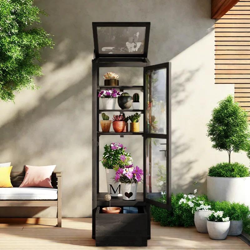 mosaicmotifco Wood Garden Greenhouse Balcony Portable Mini Cold Frame With Movable Storage Box, Adjustable Shelves And 1 Drawer