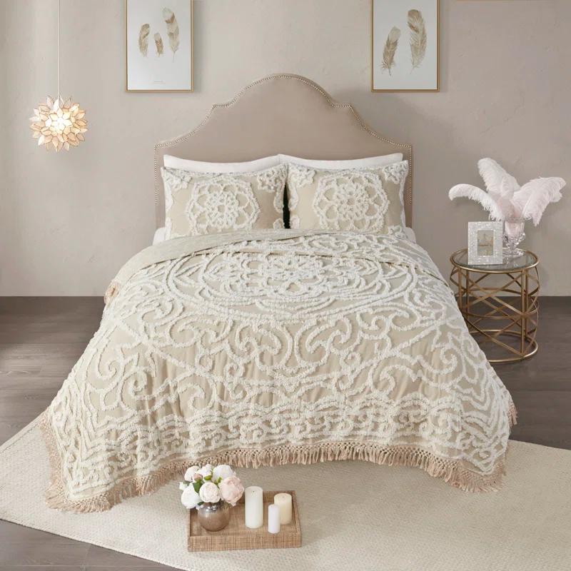 Madison Park Laetitia Tufted Chenille Cotton Medallion Fringe Coverlet Set