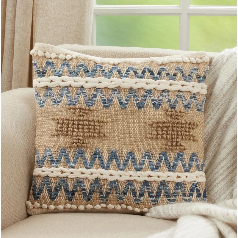 Natural Cotton Euro Chindi Pillow Cover with Blue Accents