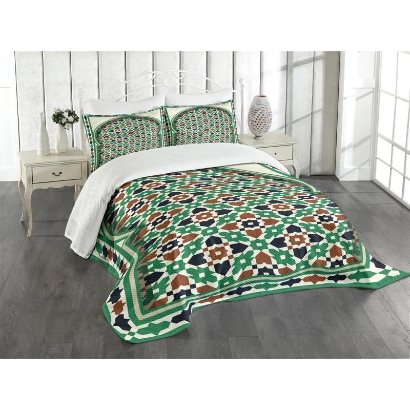 Ambesonne Retro Bedspread Set Moroccan Arch with Floral Green Brown