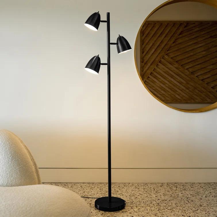Brightech Jacob 64" Modern 3-Light Adjustable LED Floor Lamp with Black Finish and Metal Cone Shades, Bulbs Included