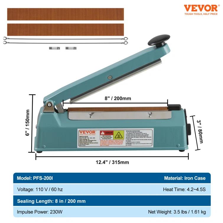 VEVOR VEVOR 8" Iron Hand Impulse Heat Sealer Machine Poly Bag Sealing for Plastic Bag
