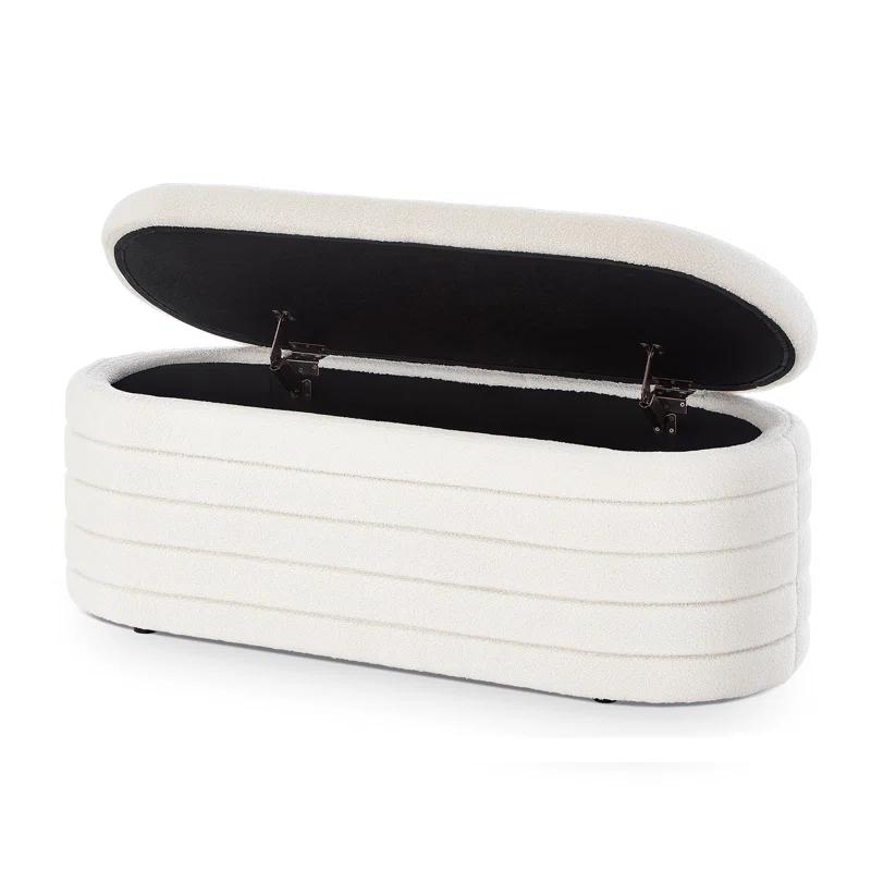 Modern Oval Storage Ottoman Bench, Upholstered Boucle Teddy Fabric End Of Bed Bench With Storage, End Of Bed Stool With Safety Hinge For Bedroom, Living Room, Entryway