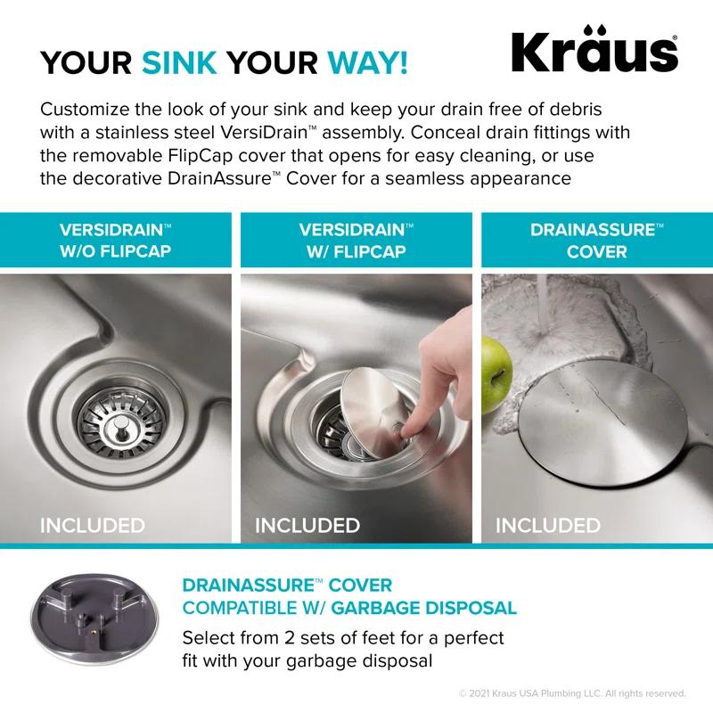 Kraus KD1US33B Dex™️ Series KRAUS 33" L Undermount 16 Gauge Stainless Steel Single Bowl Kitchen Sink