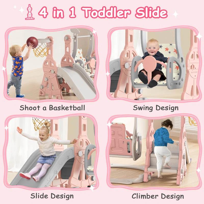 Suteck 4 in 1 Toddler Slide, Kids Slide with Climber and Swing Outdoor Indoor Slide Playset