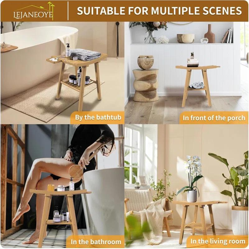 Red Barrel Studio® Bamboo Shower Bench Stool, Shower Chair For Inside Shower With 2-Tier Storage Shelf, Waterproof Shower Seat For Shaving Legs, Spa Bathroom Shower Bench