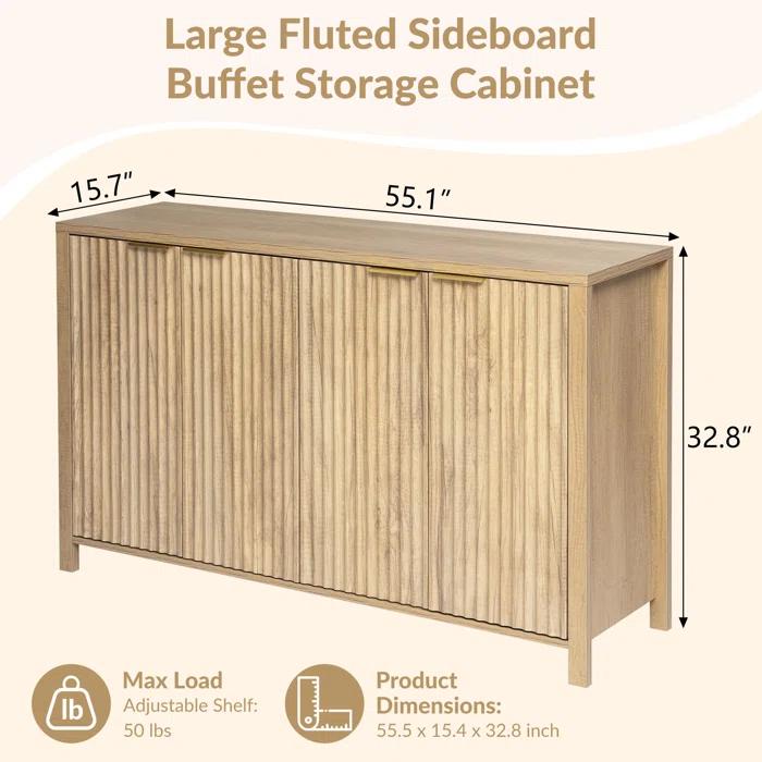 Ebern Designs Fluted Buffet Sideboard Cabinet with Storage, Modern Wave Fluted Buffet Credenza with Adjustable Shelves, 4 Door Accent Bar Cabinets Console Table