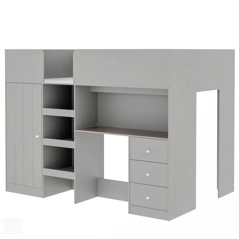 NTYUNRR Wood Full Size Loft Bed With Built-In Wardrobe